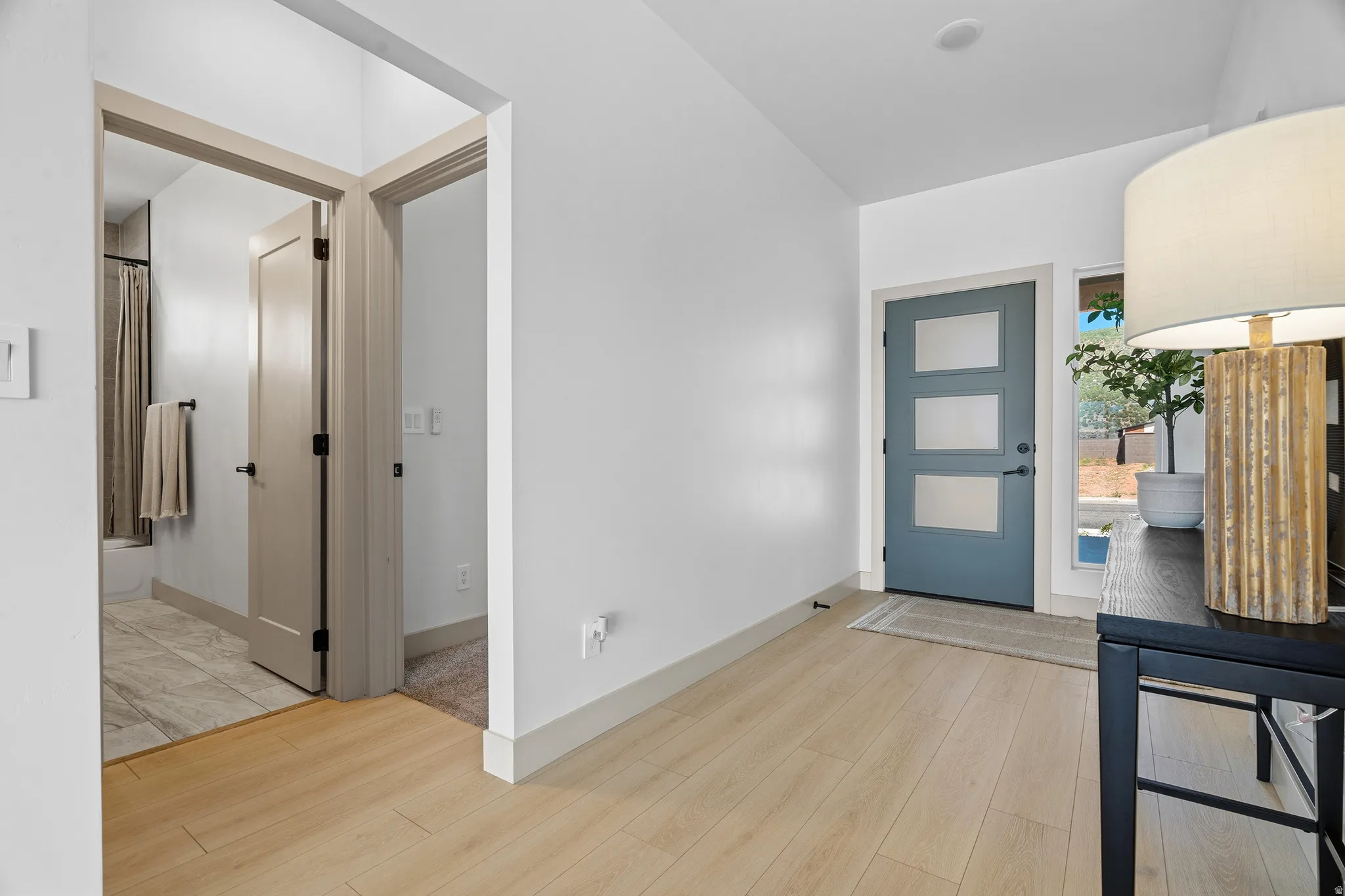 Entryway featuring wood-finish flooring, a modern blue door with three frosted glass panels, and a full-length sidelight
