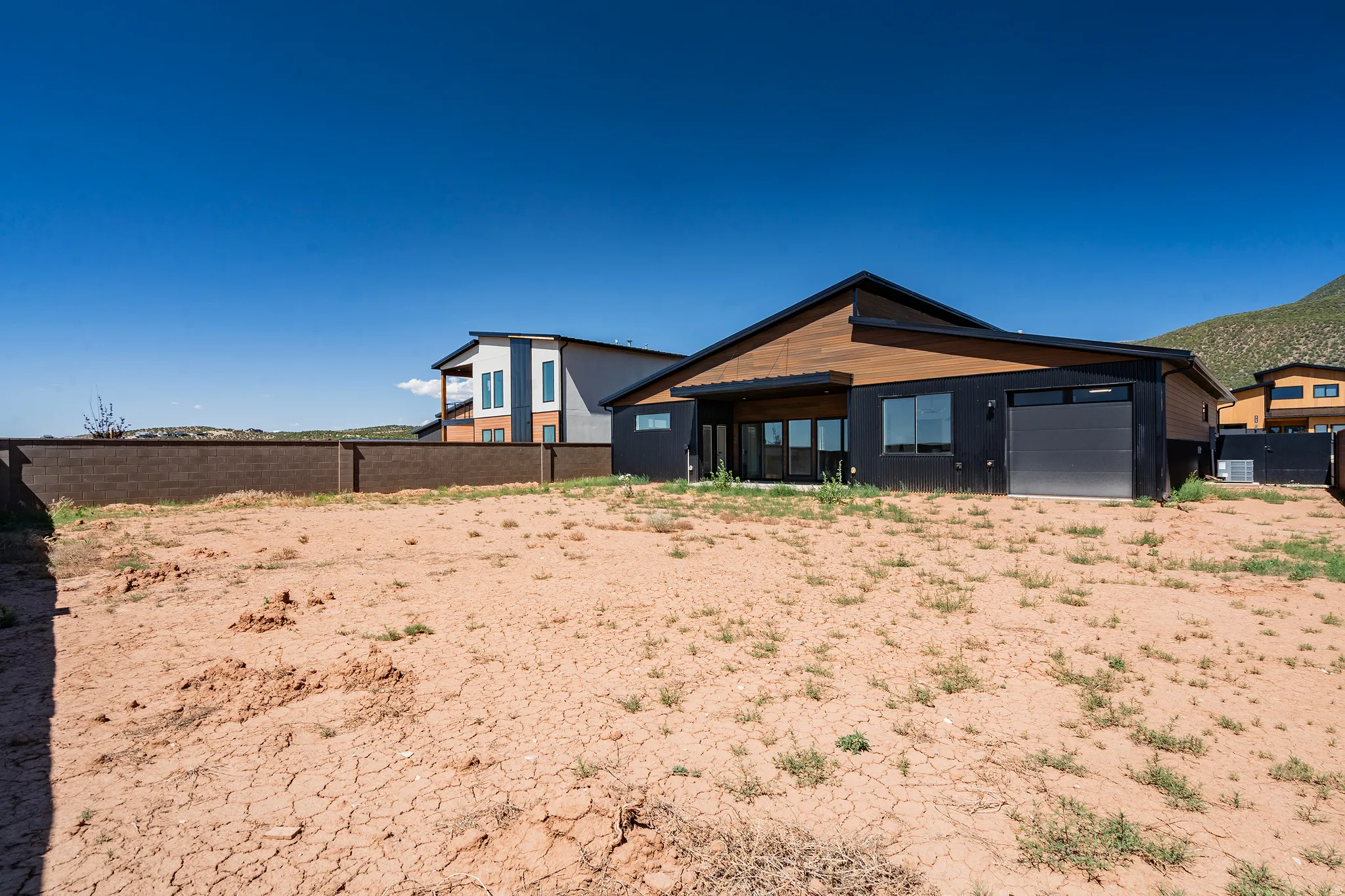 Contemporary exterior with a black facade and wood-finish siding under a dark gabled roof