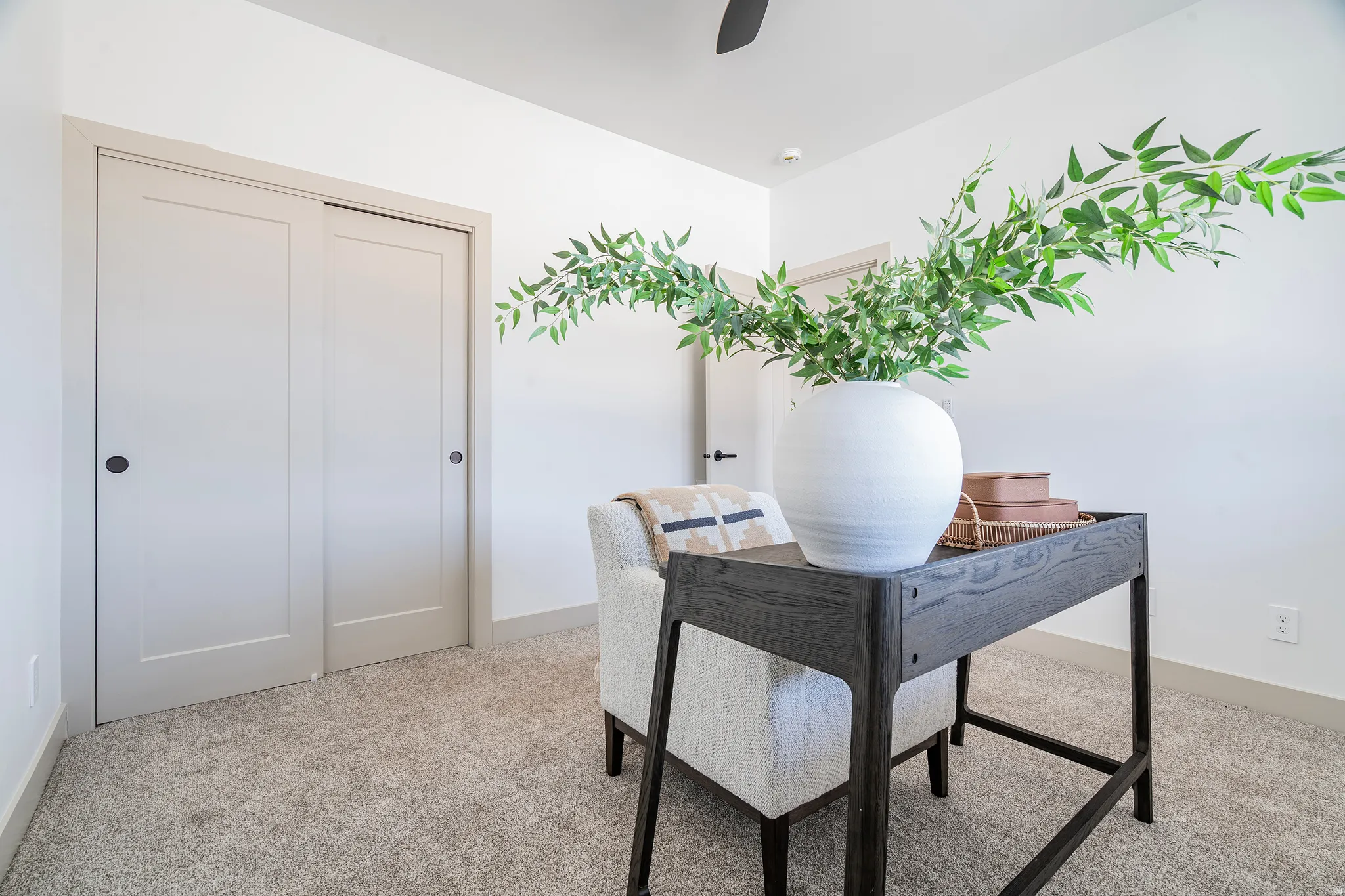 Interior room featuring light gray carpet, white walls, and a ceiling fan