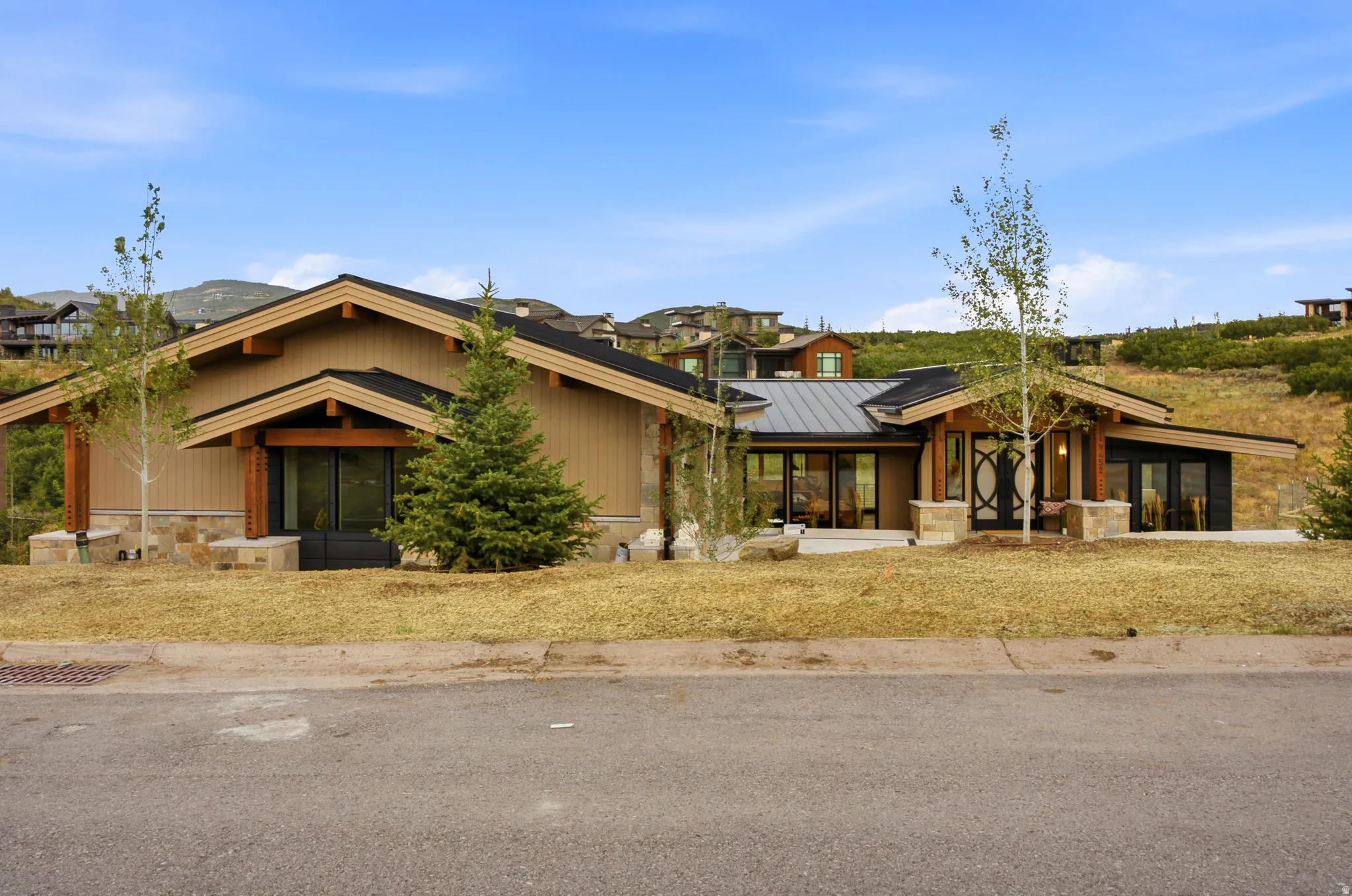 Contemporary exterior with natural wood soffits, stone detailing, and extensive glazing