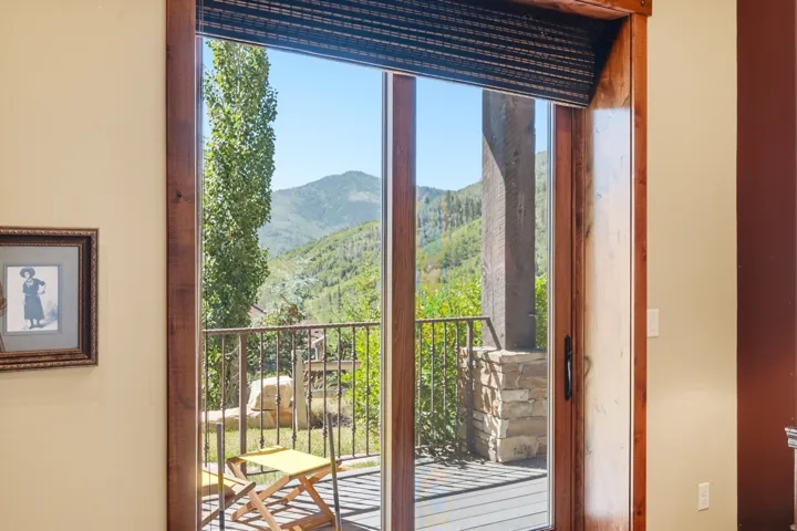 Glass patio door with dark wood trim, opening to an outdoor balcony