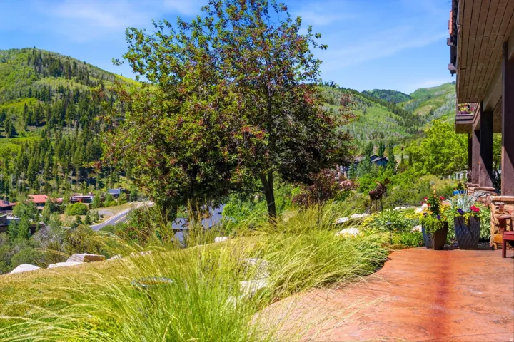 Expansive outdoor patio with stamped concrete flooring and stone accents