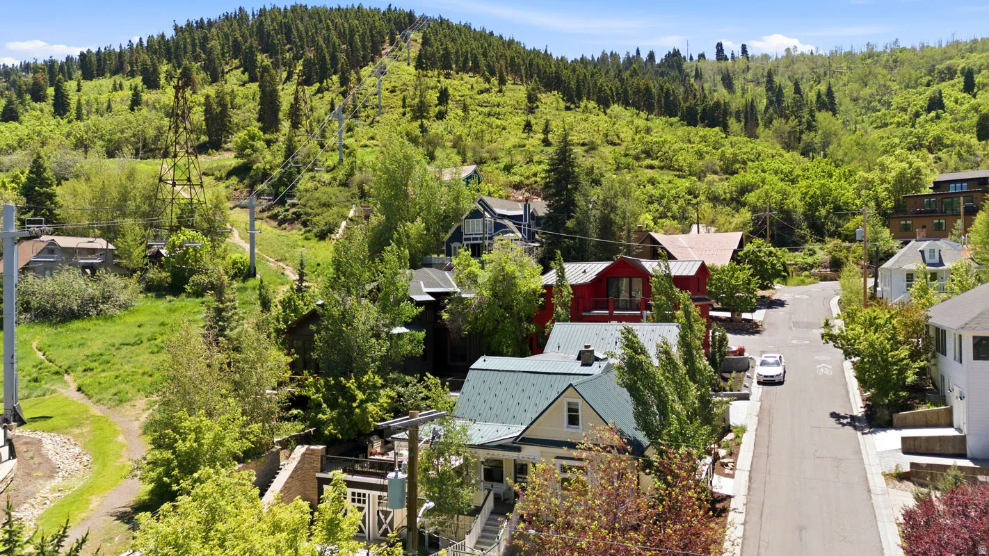 Residential street with multiple homes, mature trees, and a mountain backdrop