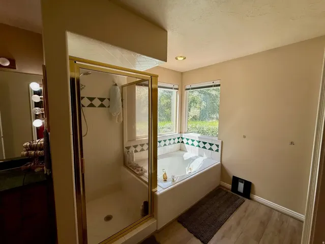 Bathroom featuring a built-in soaking tub, a separate glass-enclosed shower, wood-finish flooring, and natural light from multiple windows