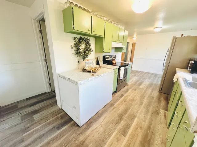 Kitchen featuring wood-finish flooring, green cabinetry, white countertops, and stainless steel appliances