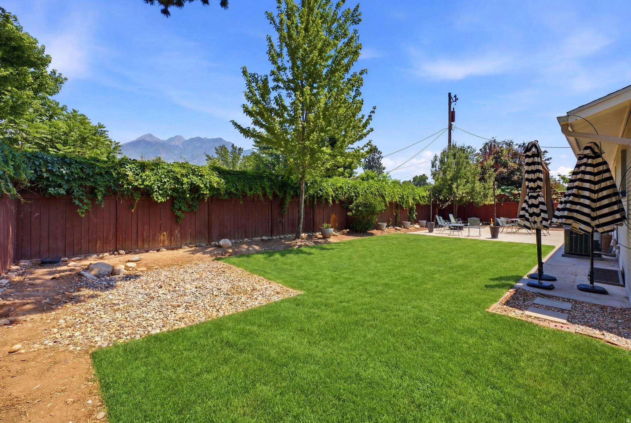 Expansive backyard featuring a large green lawn, a gravel patio area, a wood privacy fence with mature greenery, and a concrete patio space