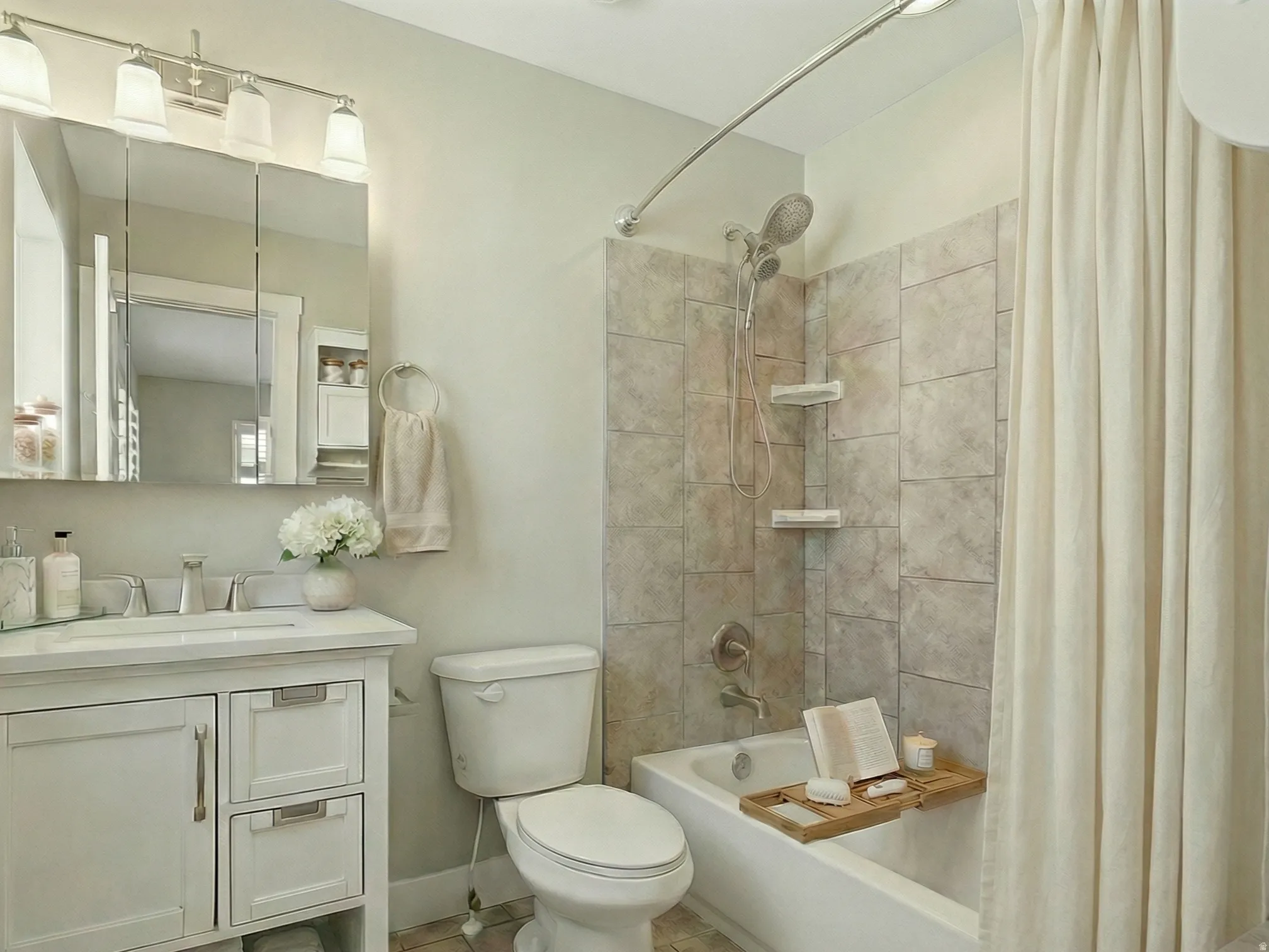 Bathroom featuring a white vanity with integrated sink, coordinating wall-mounted medicine cabinet with overhead lighting, and a bathtub with tile surround