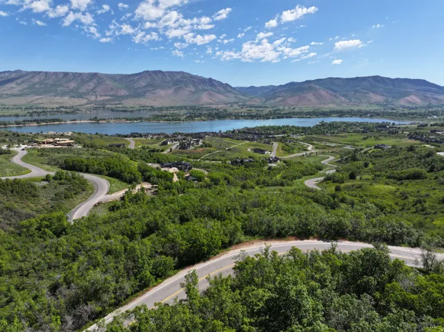 Winding roads traversing a verdant landscape with distant lake and mountain scenery