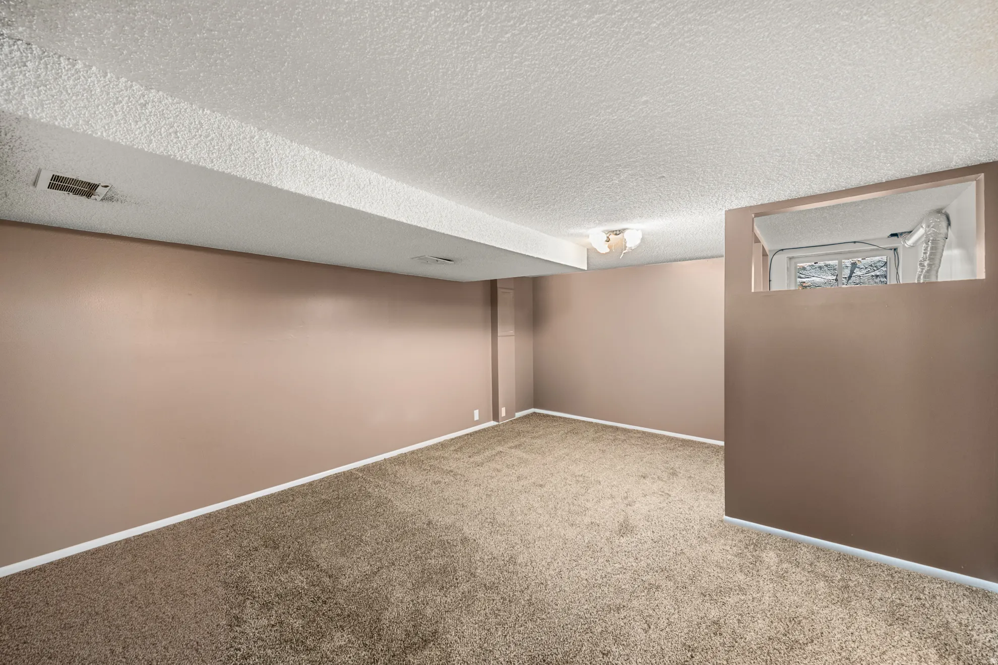 Spacious room featuring neutral carpeting, light brown painted walls, white trim, and a window opening