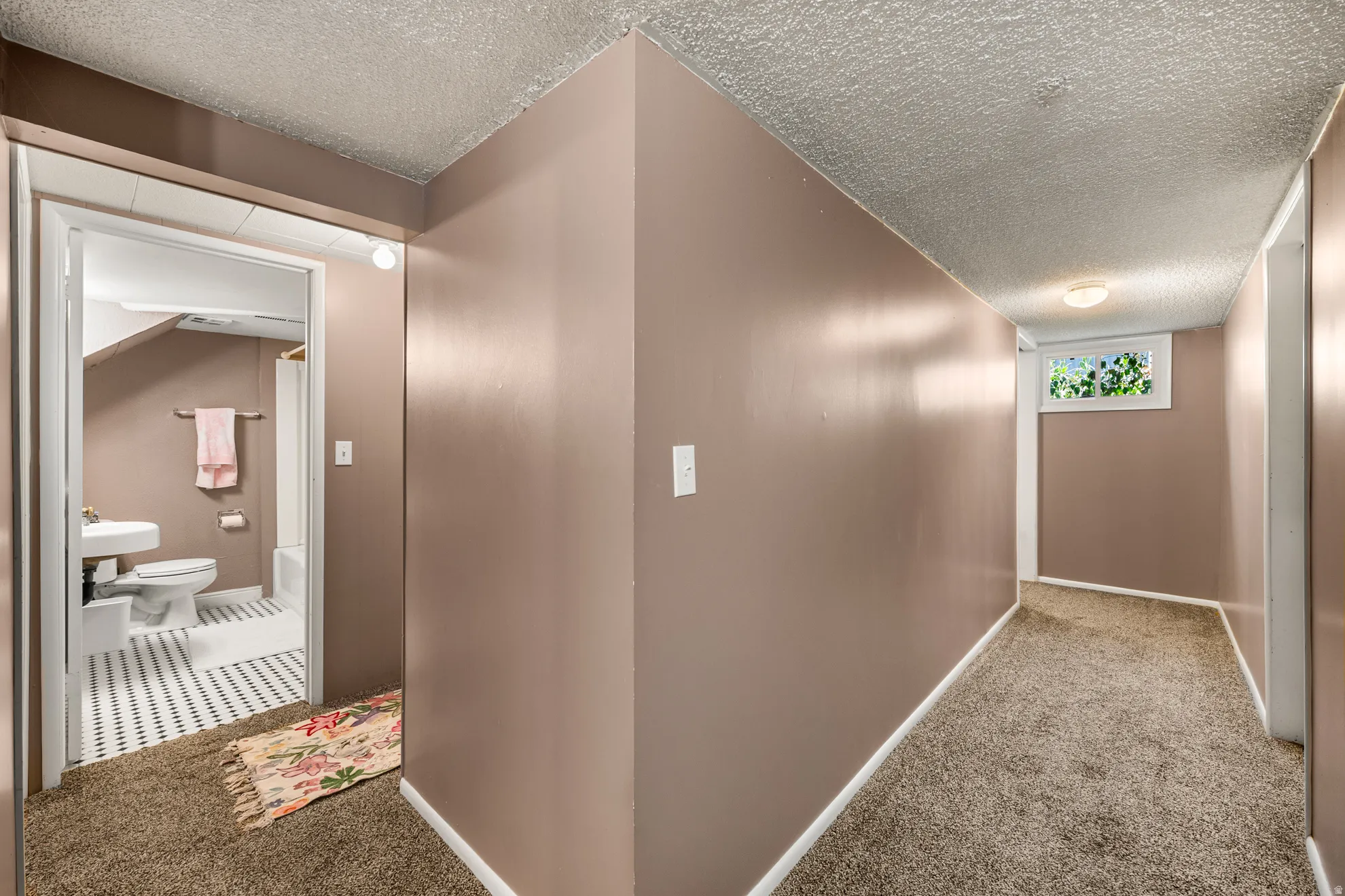 Hallway with textured ceiling, wall-to-wall carpeting, and painted walls