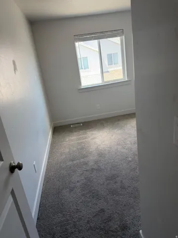 Room featuring light gray carpeting, neutral wall finishes, and a window with blinds