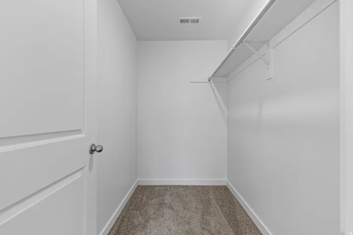 Spacious closet featuring white walls, gray carpet flooring, white baseboards, and built-in shelving with a hanging rod