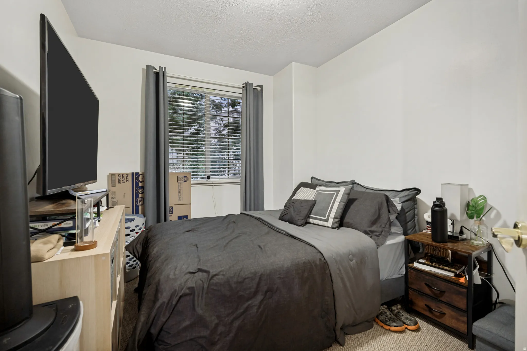 Bedroom featuring a window with horizontal blinds, light-colored walls, and carpet flooring