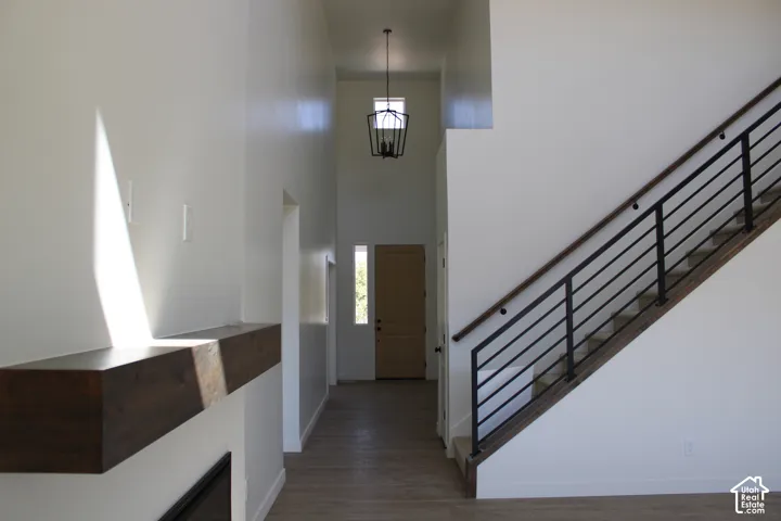 Entryway featuring a double-height ceiling, wood-finish flooring, and a contemporary staircase with iron balusters and a dark wood handrail