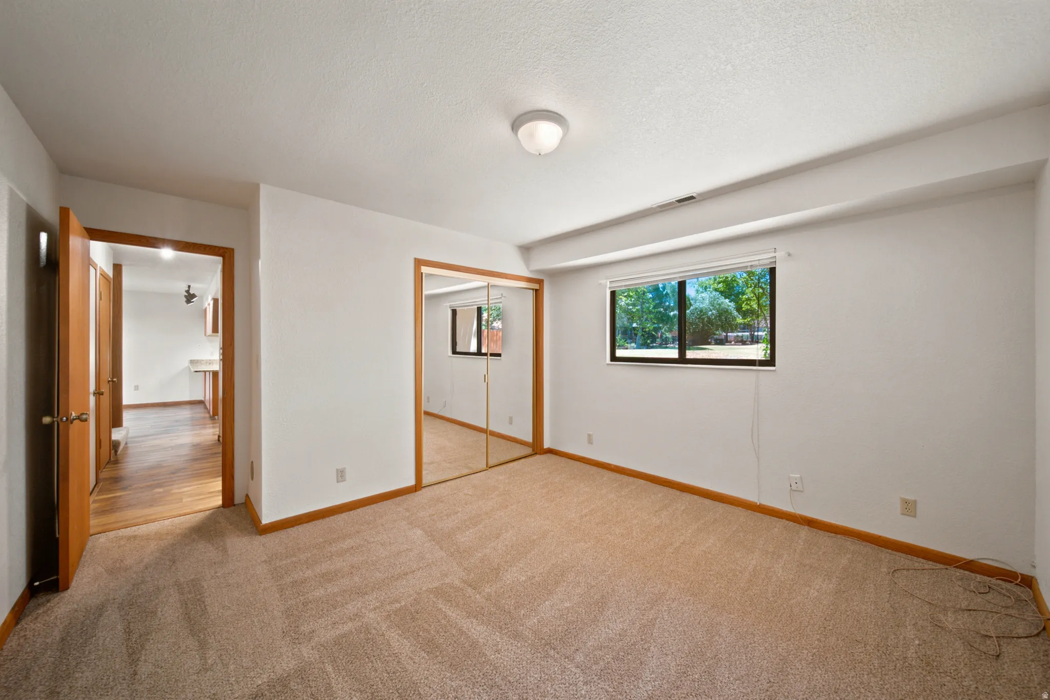 Carpeted room featuring a window overlooking green foliage, white walls, wood trim, and a mirrored closet