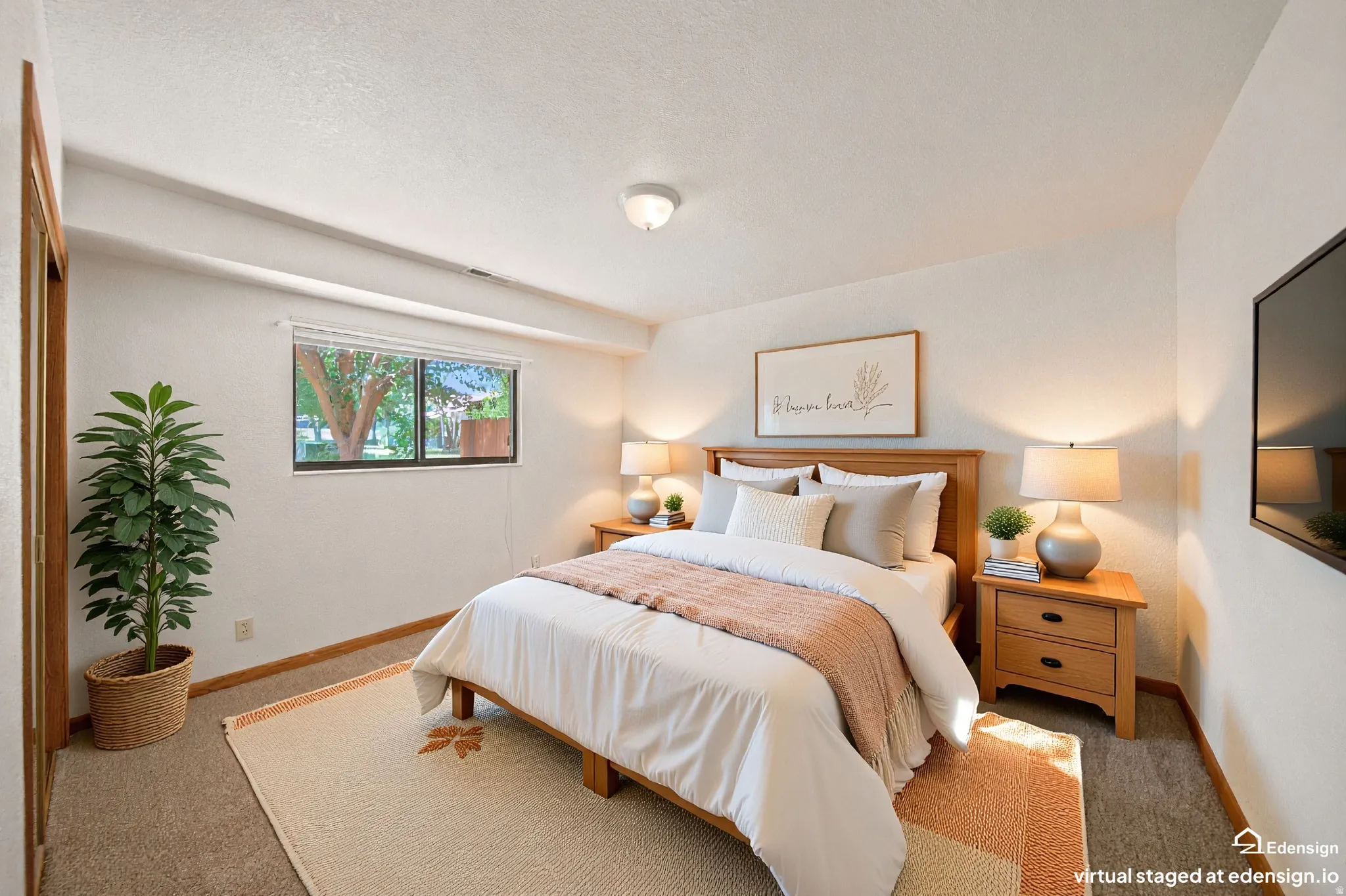 Bedroom featuring a window with exterior tree views, light-toned walls, and wood-finish flooring