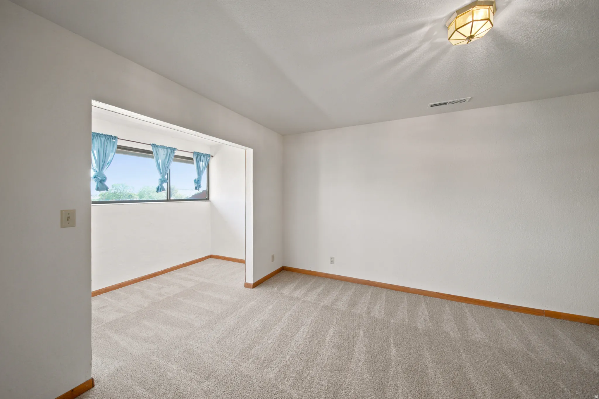 Spacious room featuring neutral carpeting, white walls, and wood-finish baseboards