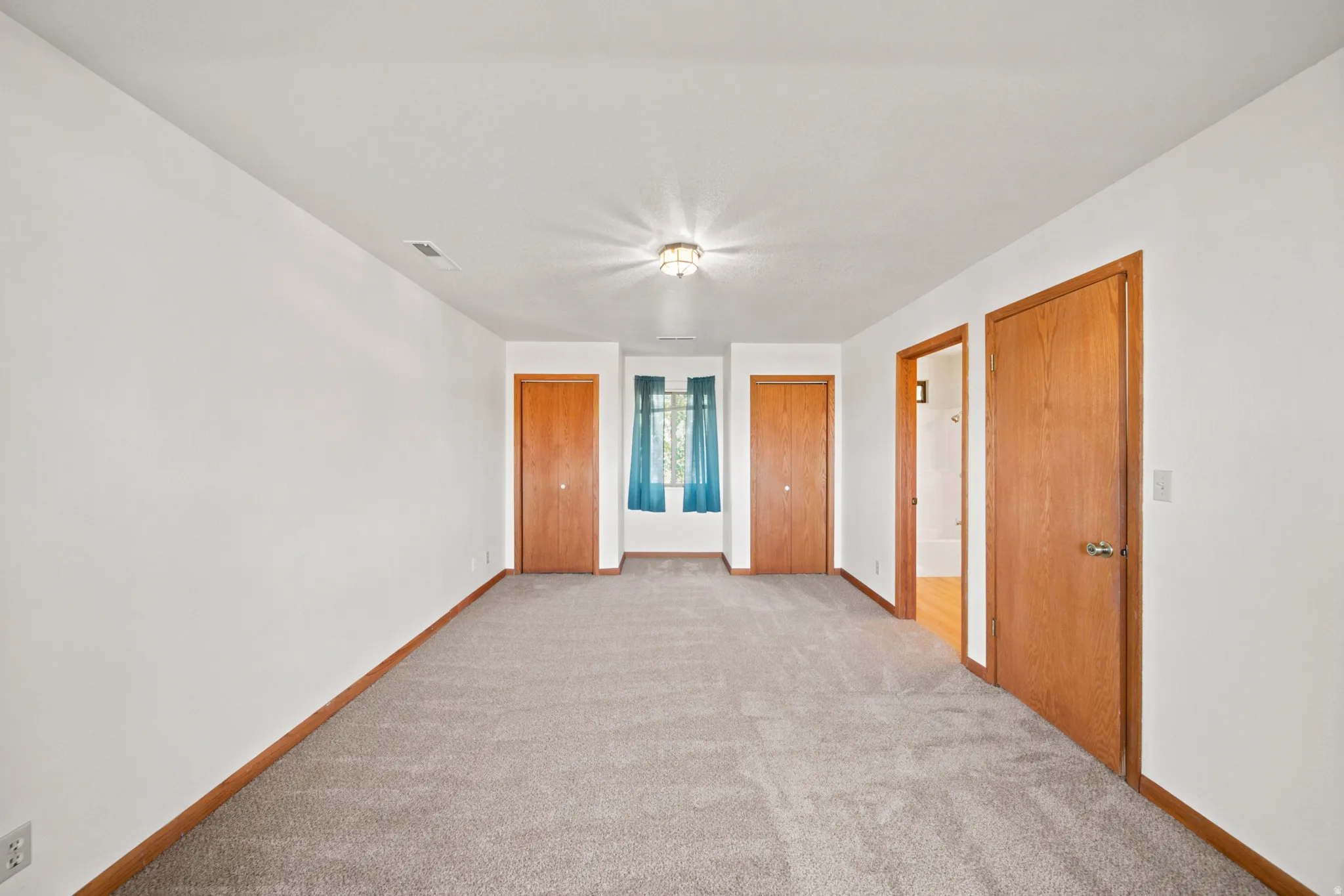 Carpeted room featuring multiple wood-finish doors and a ceiling-mounted light fixture