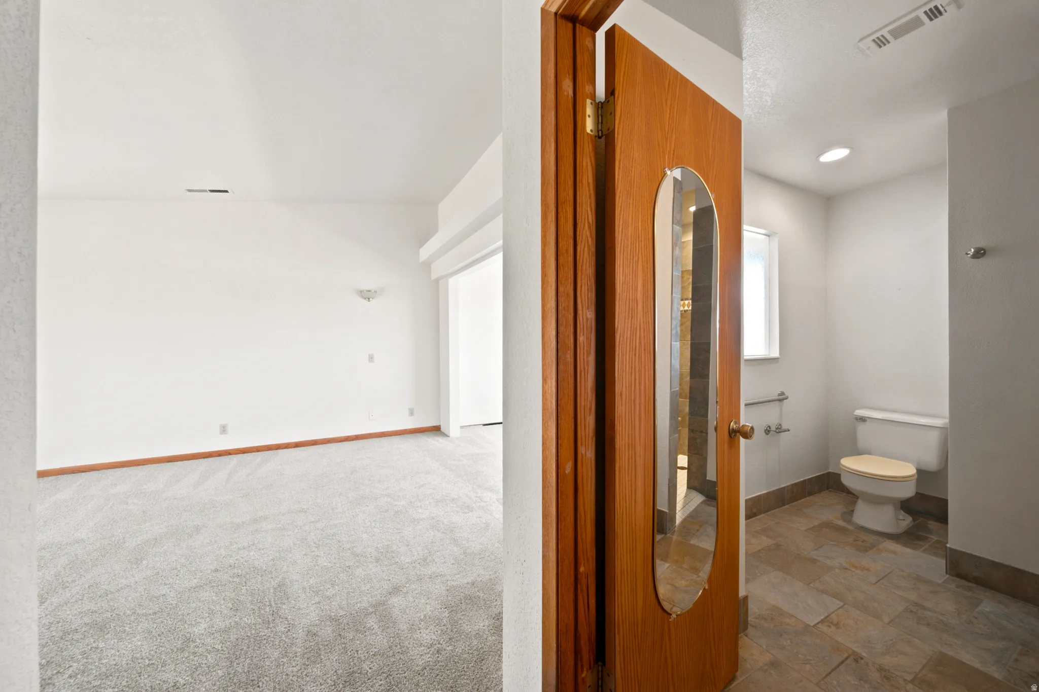 Spacious room featuring light gray carpeting and a vaulted ceiling