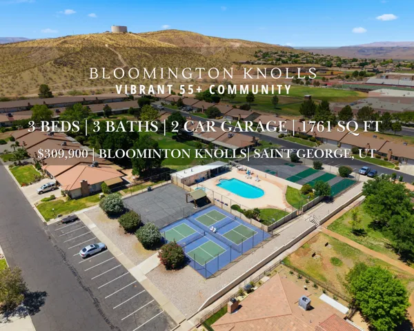 Community amenities featuring a swimming pool, tennis courts, and shuffleboard courts, surrounded by residential properties and distant mountain vistas