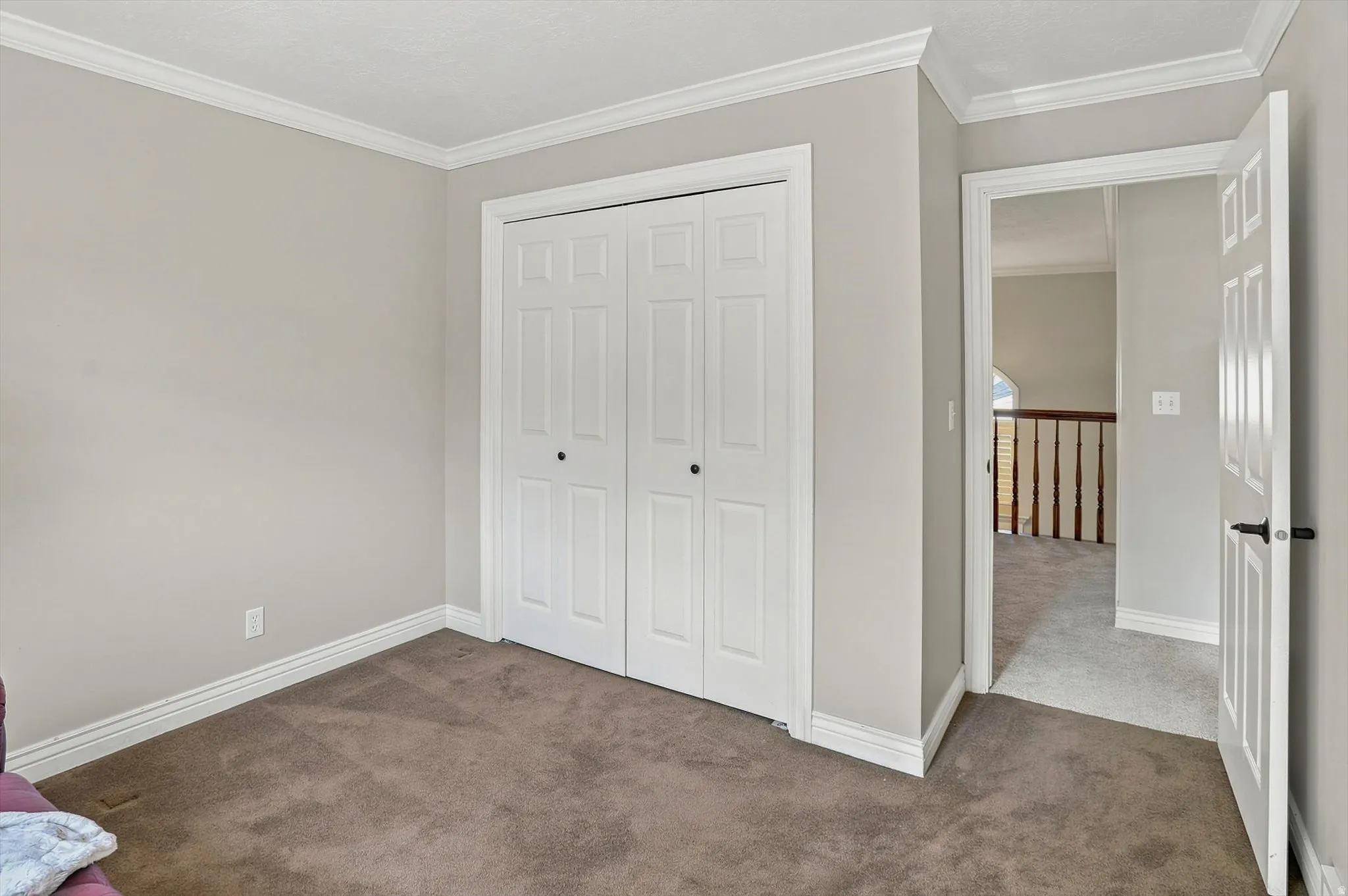Neutral-toned room featuring a bifold closet, crown molding, and plush carpeting
