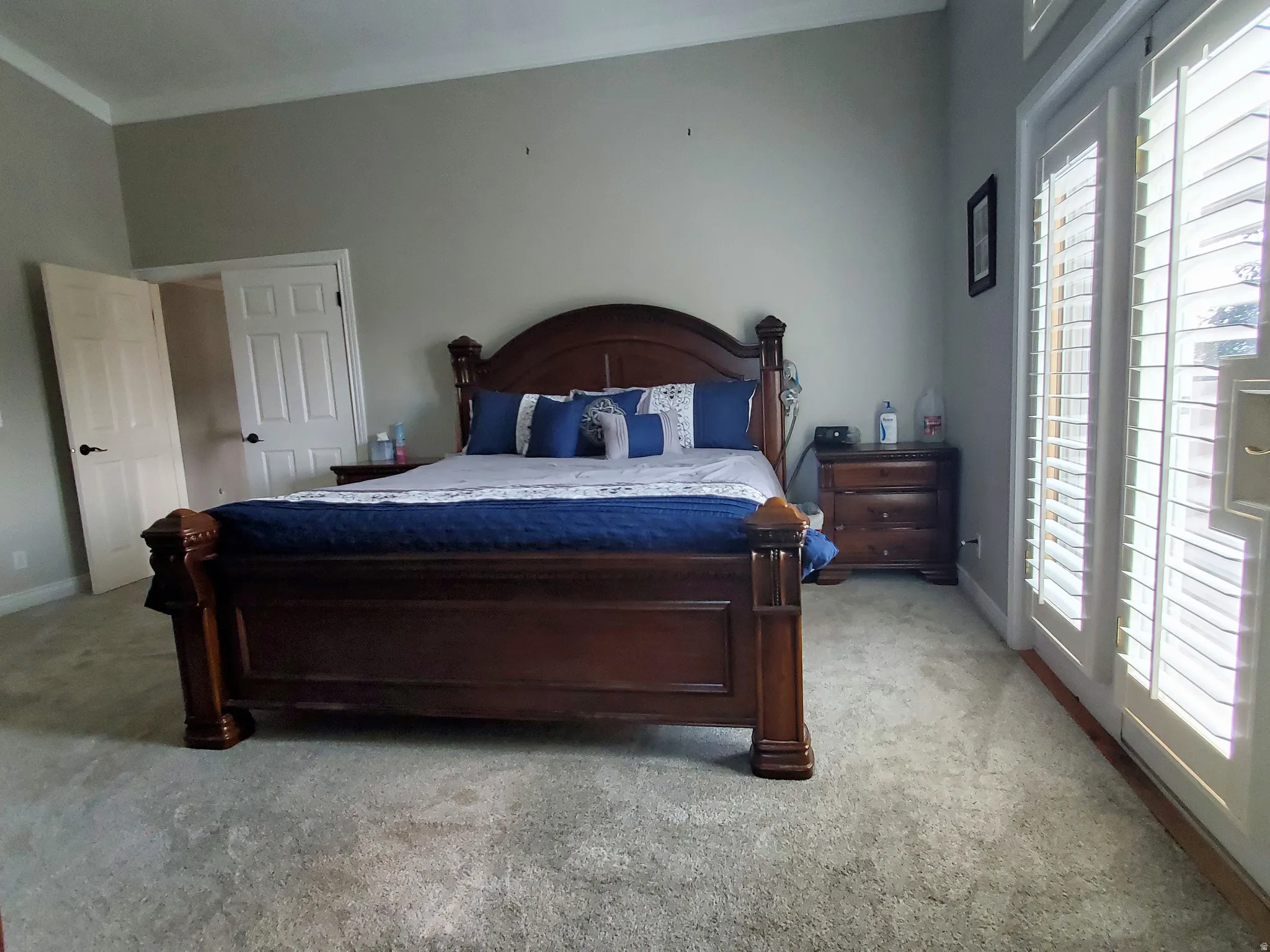 Spacious bedroom featuring light-colored carpeting, high ceilings with crown molding, and two panel doors