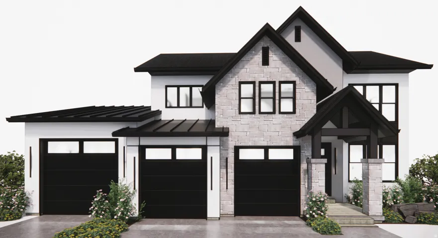 Modern exterior featuring white siding, black-framed windows, and stone accents