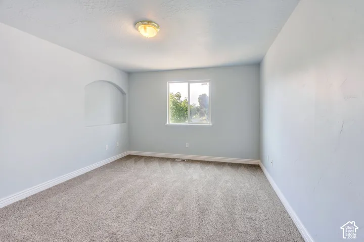 Carpeted room featuring a light fixture, a recessed wall niche, a window with outdoor greenery, and white baseboards