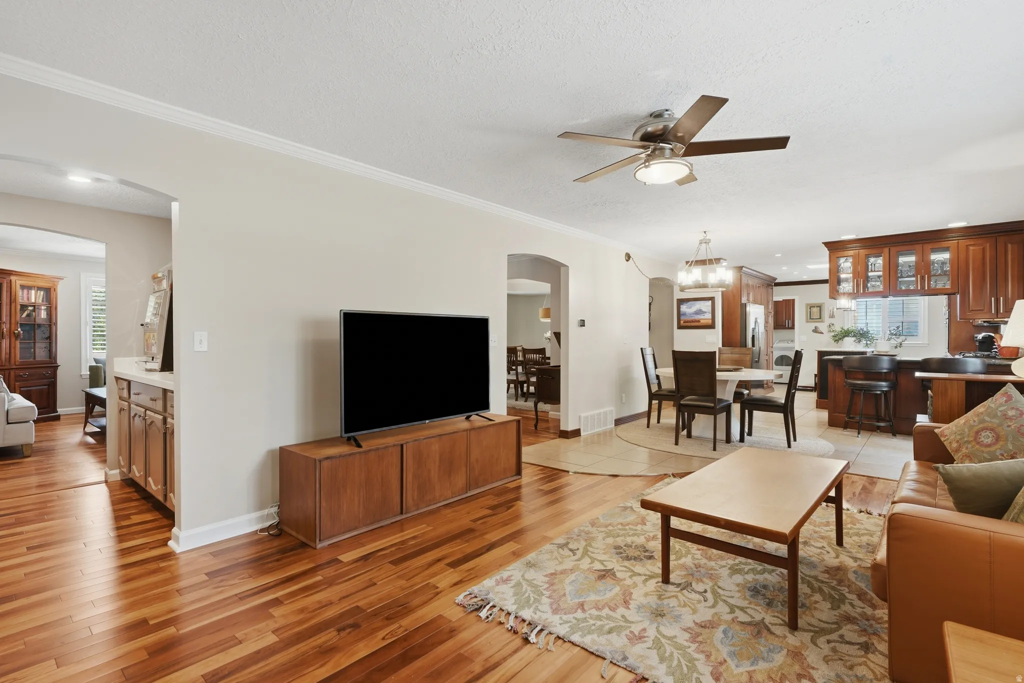 Hardwood flooring throughout the living area