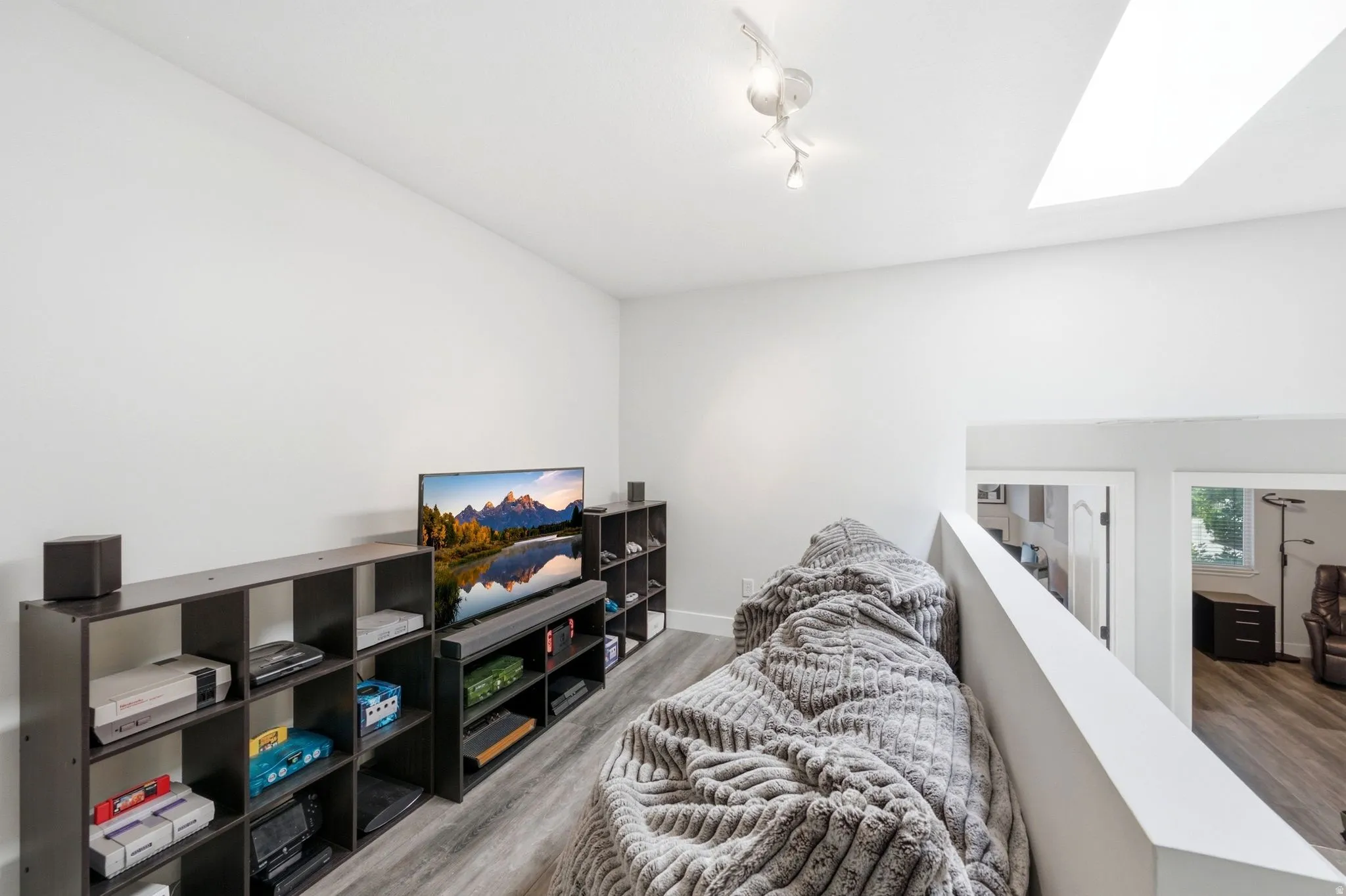 Loft area featuring light wood-finish flooring, a white ceiling with a skylight, and track lighting