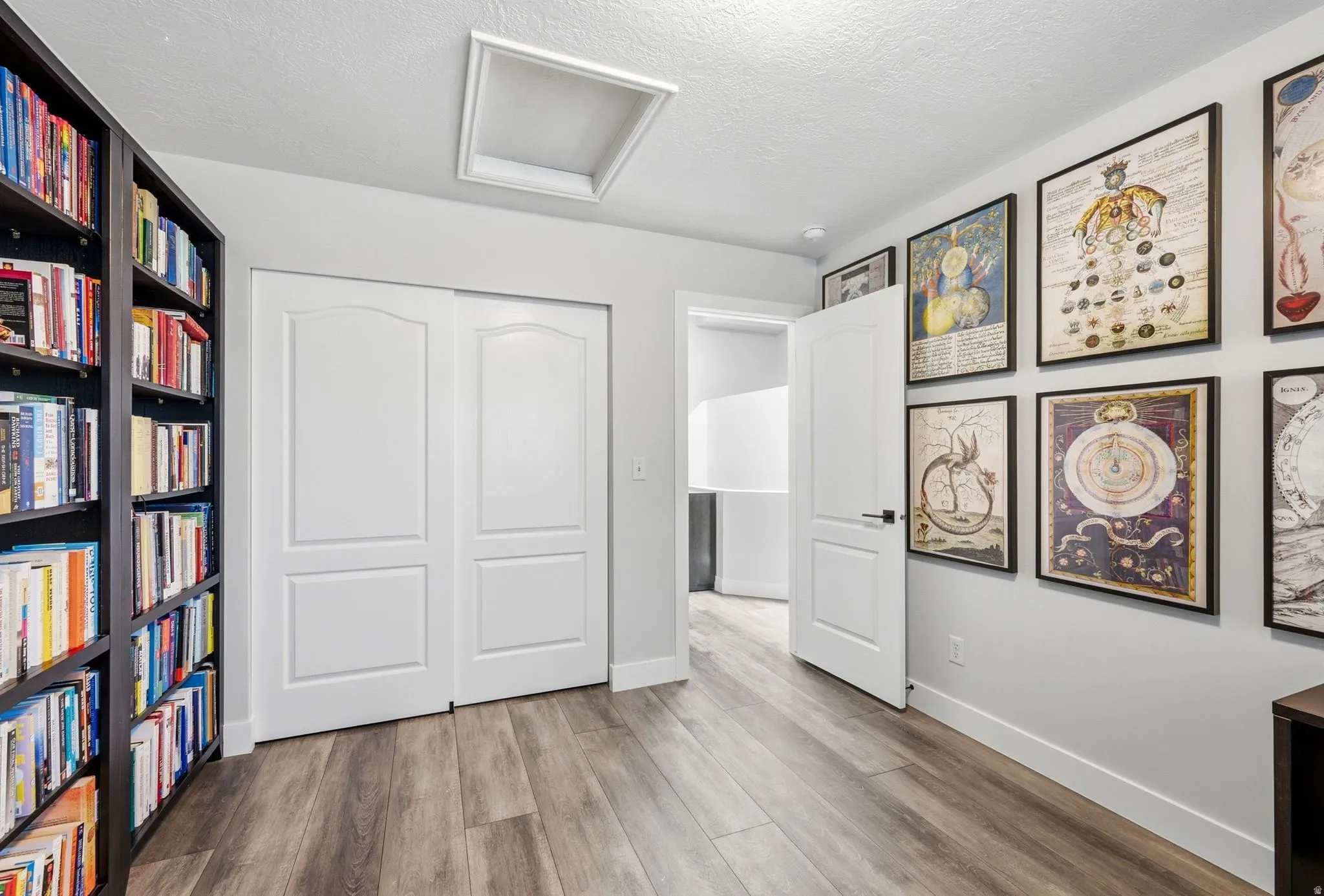 Room featuring wood-finish flooring, white baseboards, and light gray walls