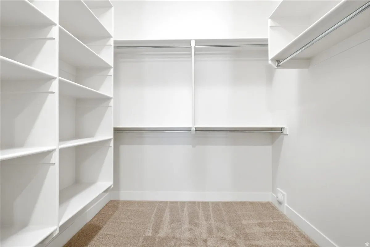 Custom-designed walk-in closet featuring extensive built-in shelving, multiple hanging rods, and neutral-toned carpet flooring