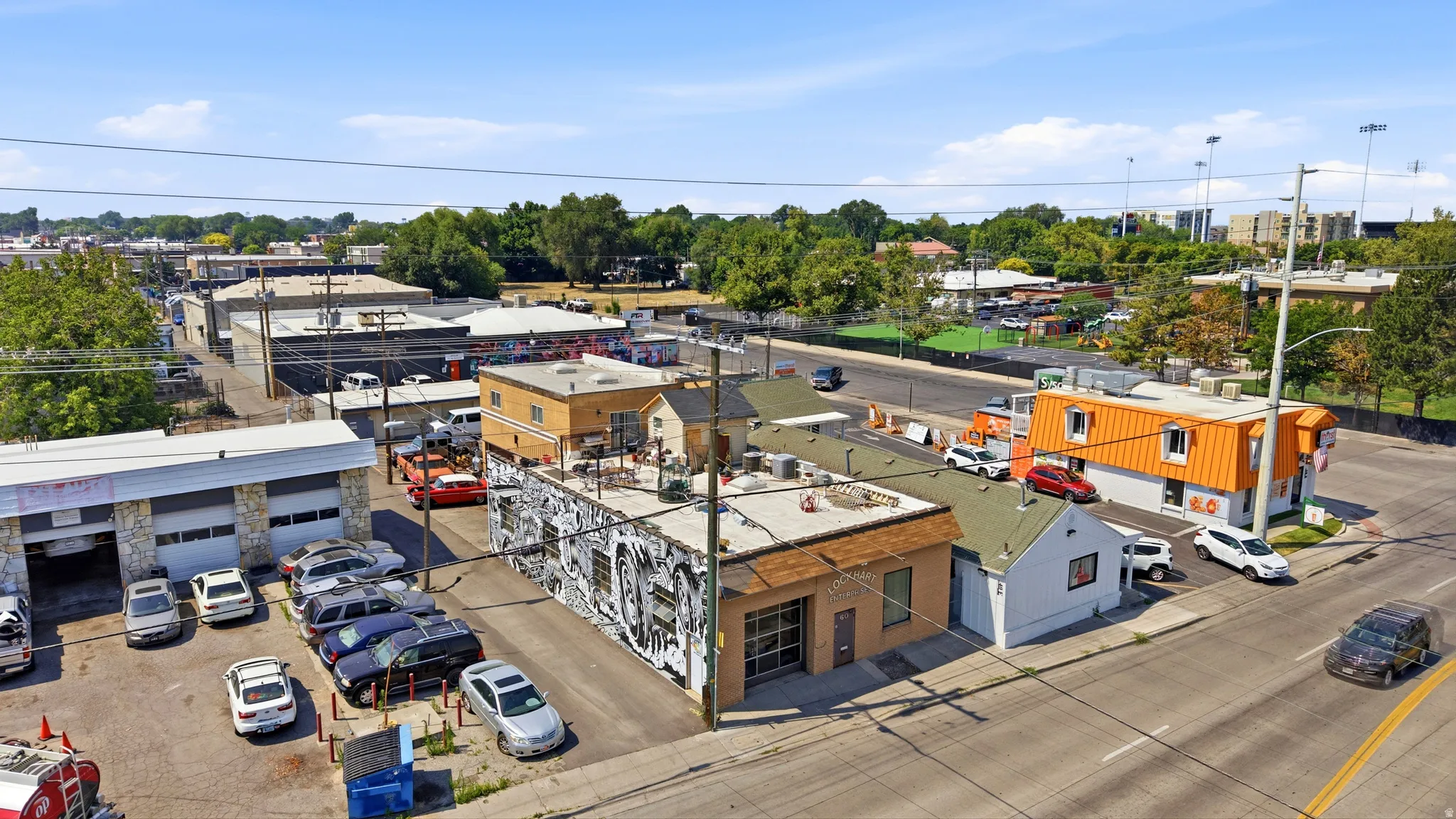 Commercial properties featuring varied architectural styles and multiple buildings