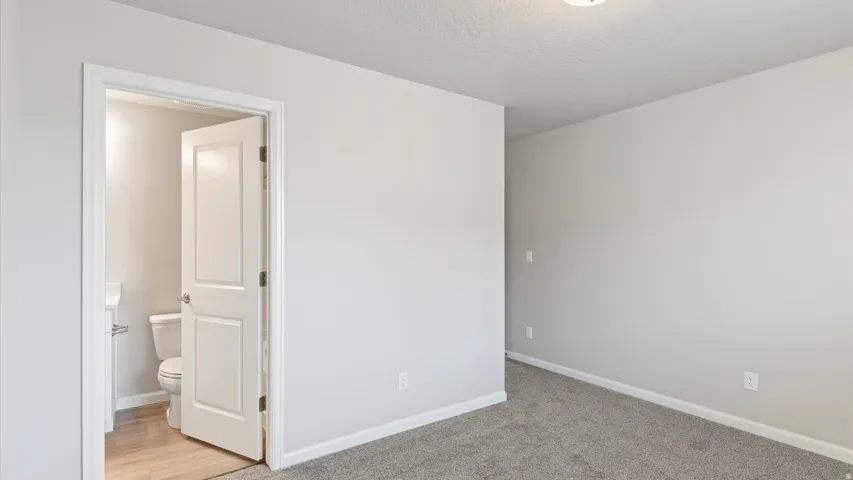 Neutral gray wall paint and clean white trim