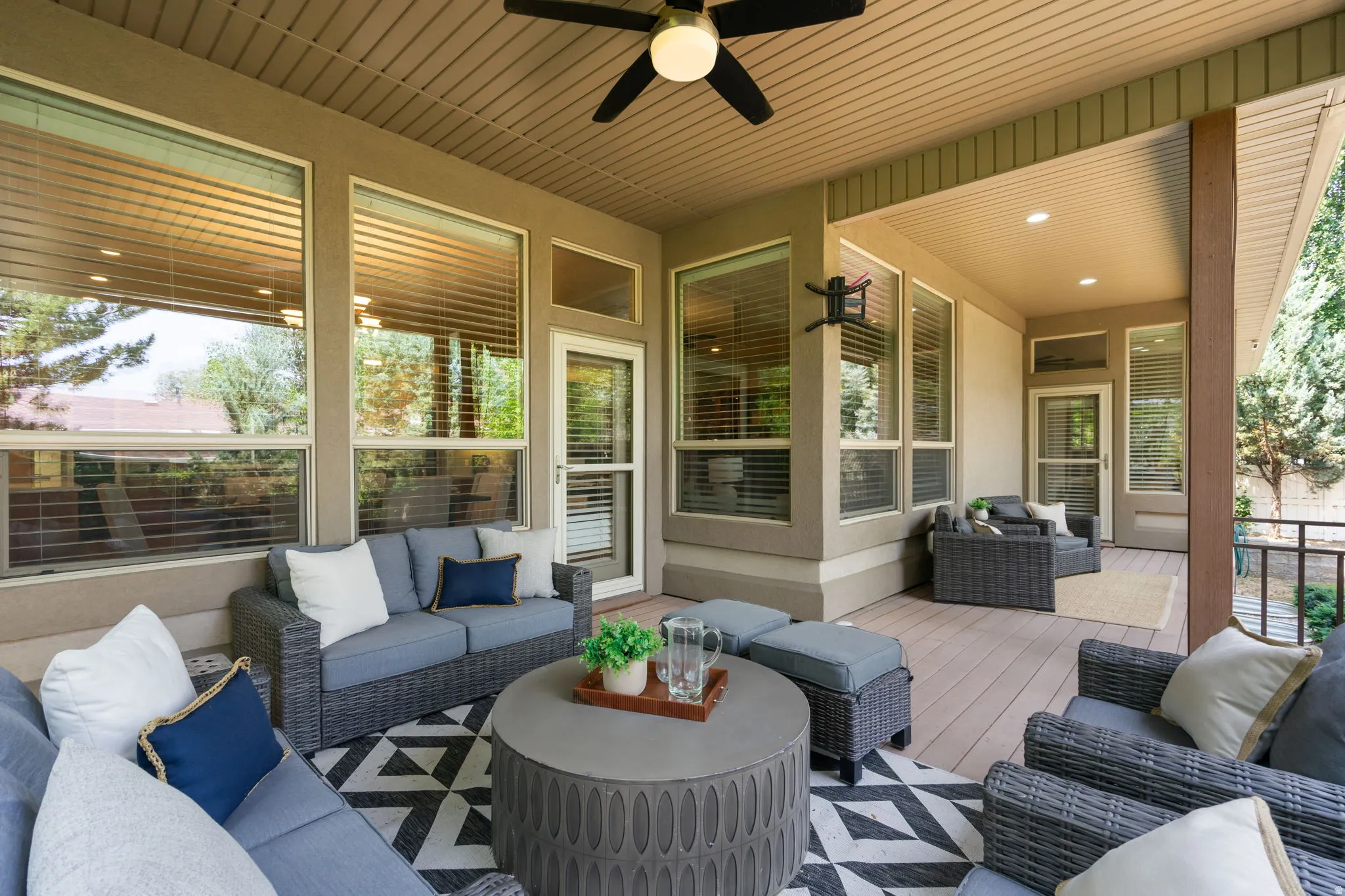 Is the weather outside frightful? No problem, Roll the deck shades down, turn on a space heater, choose the movie, and cozy up on the deck. (TV mount included)