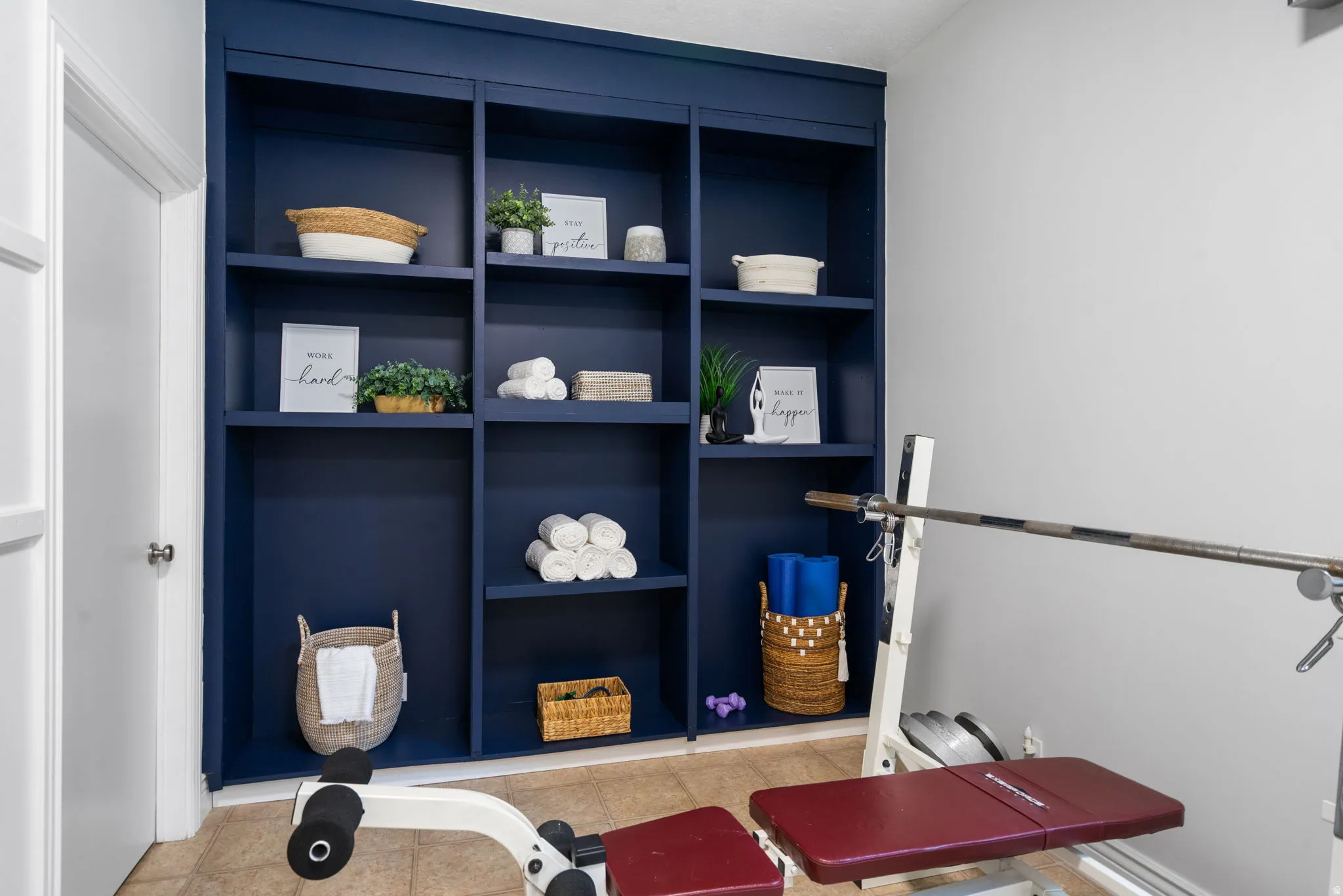 Built-in shelves for wellness studio.