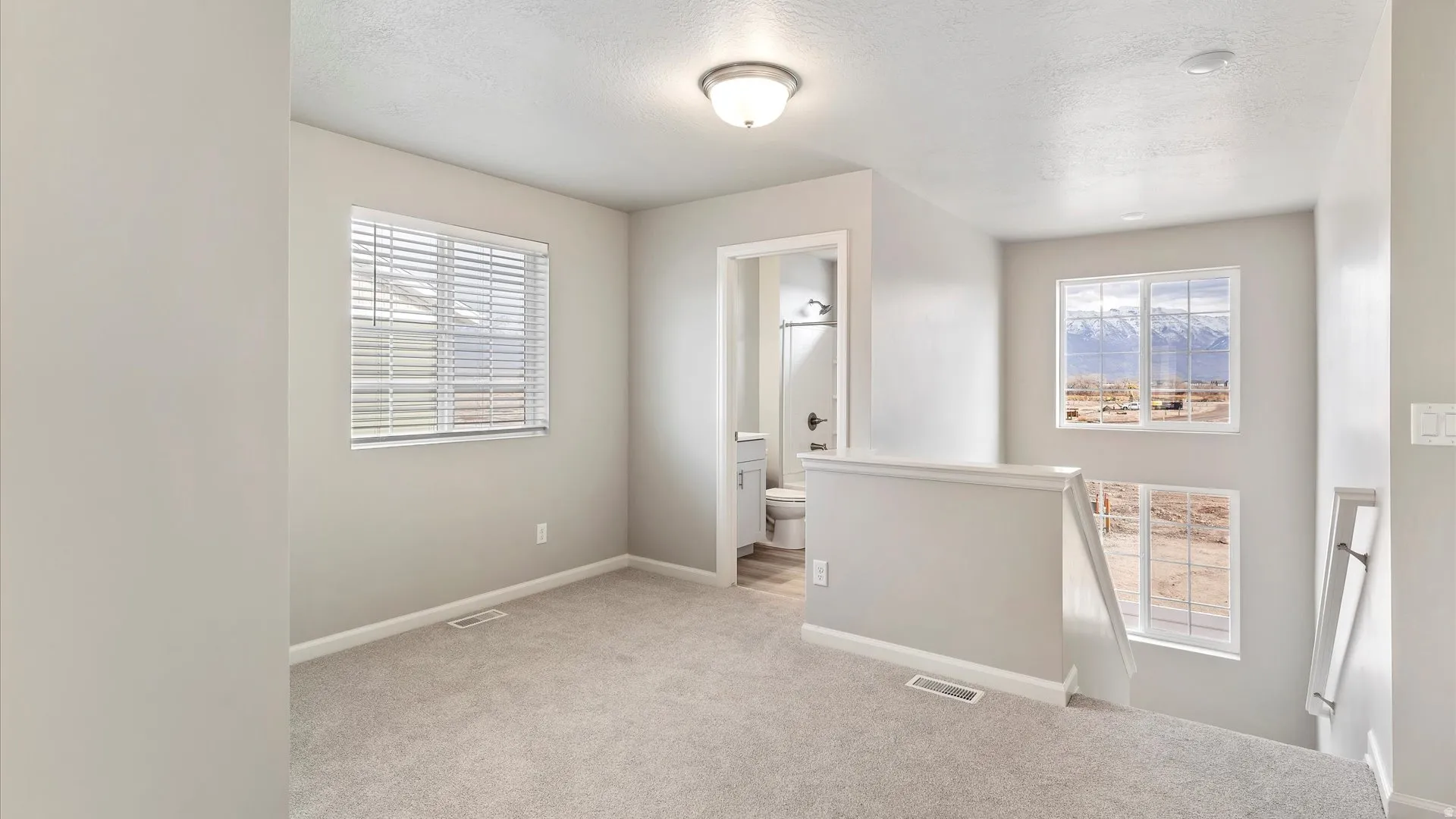 Bright upper-level space featuring light gray carpeting and neutral wall tones