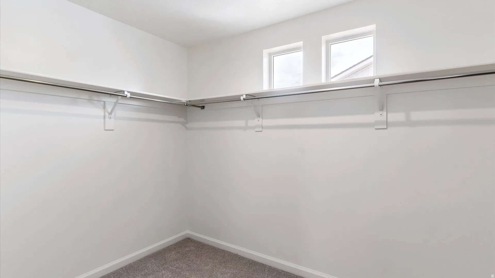Walk-in closet featuring high-set windows, white walls, gray carpet flooring, and a built-in wire shelving system with hanging rods
