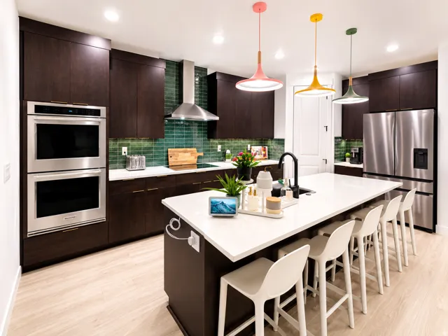 Modern kitchen featuring a large center island with integrated sink, dark wood-finish cabinetry, stainless steel double wall ovens, and a striking green subway tile backsplash