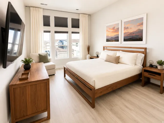 Room featuring large multi-panel windows with roller shades and full-length drapes, light wood-finish flooring, and light-toned walls