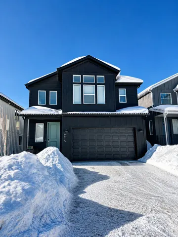 Contemporary exterior featuring dark siding, a two-car garage, and a light-colored entry door