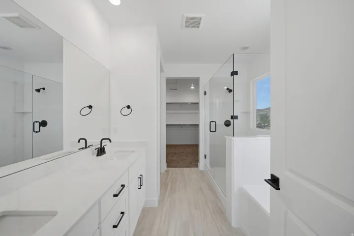 Spacious bathroom featuring a dual vanity with quartz countertops, a large walk-in shower with clear glass enclosure, a built-in tub, and light-toned wood-finish flooring