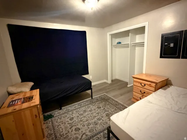 Interior room featuring neutral wall paint, wood-finish flooring, a ceiling-mounted light fixture, and an open closet with shelving and hanging rods