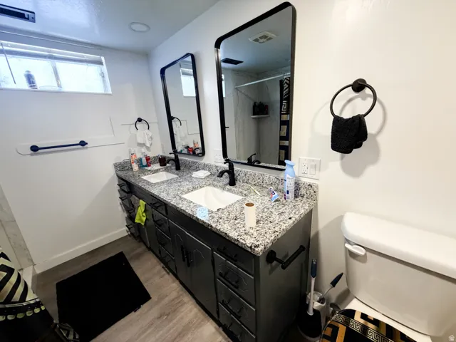 Double vanity featuring granite countertops, matte black hardware, and wood-finish flooring