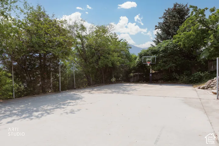 Concrete full basketball court with permanent basketball hoops, surrounded by mature trees and natural landscaping