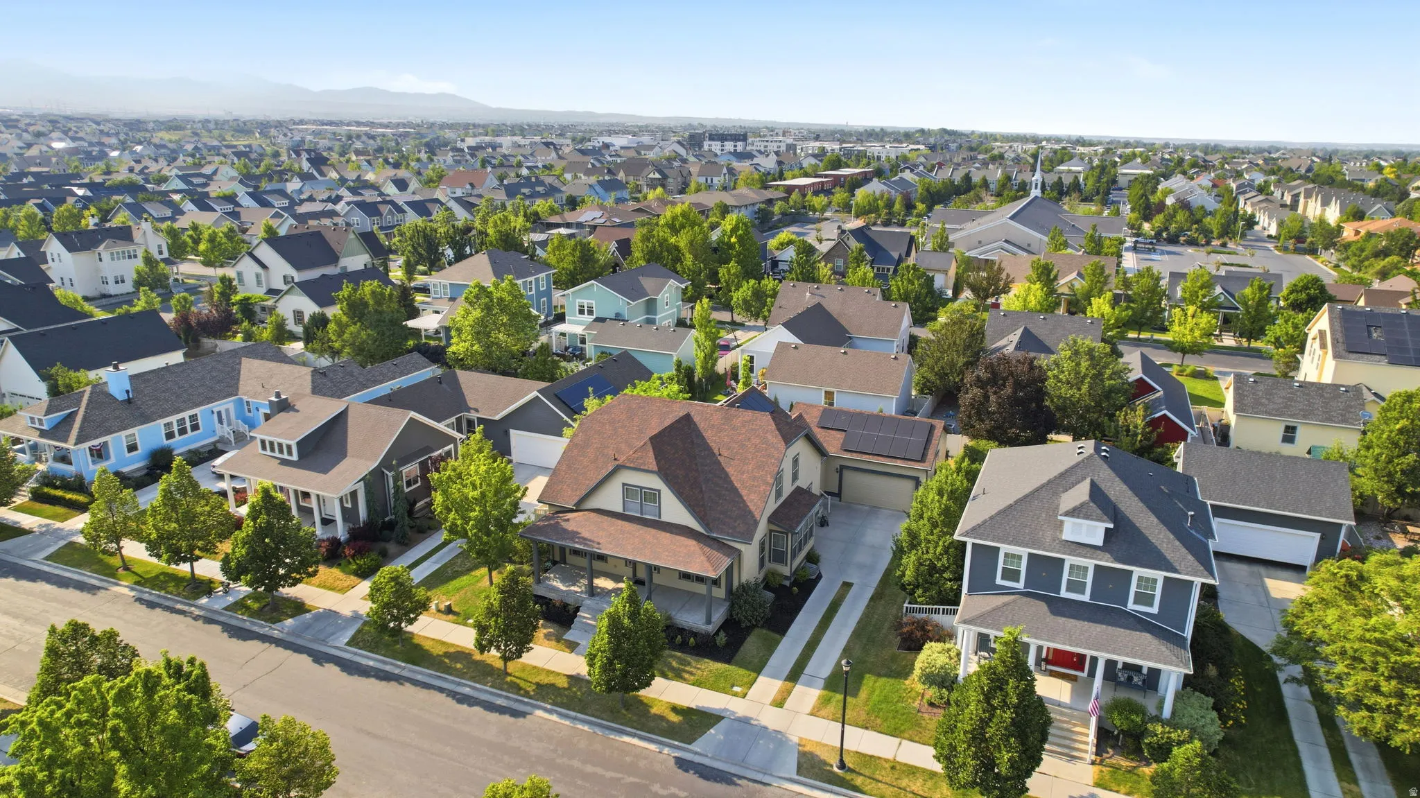Aerial perspective showcasing a residential area with varied architectural styles