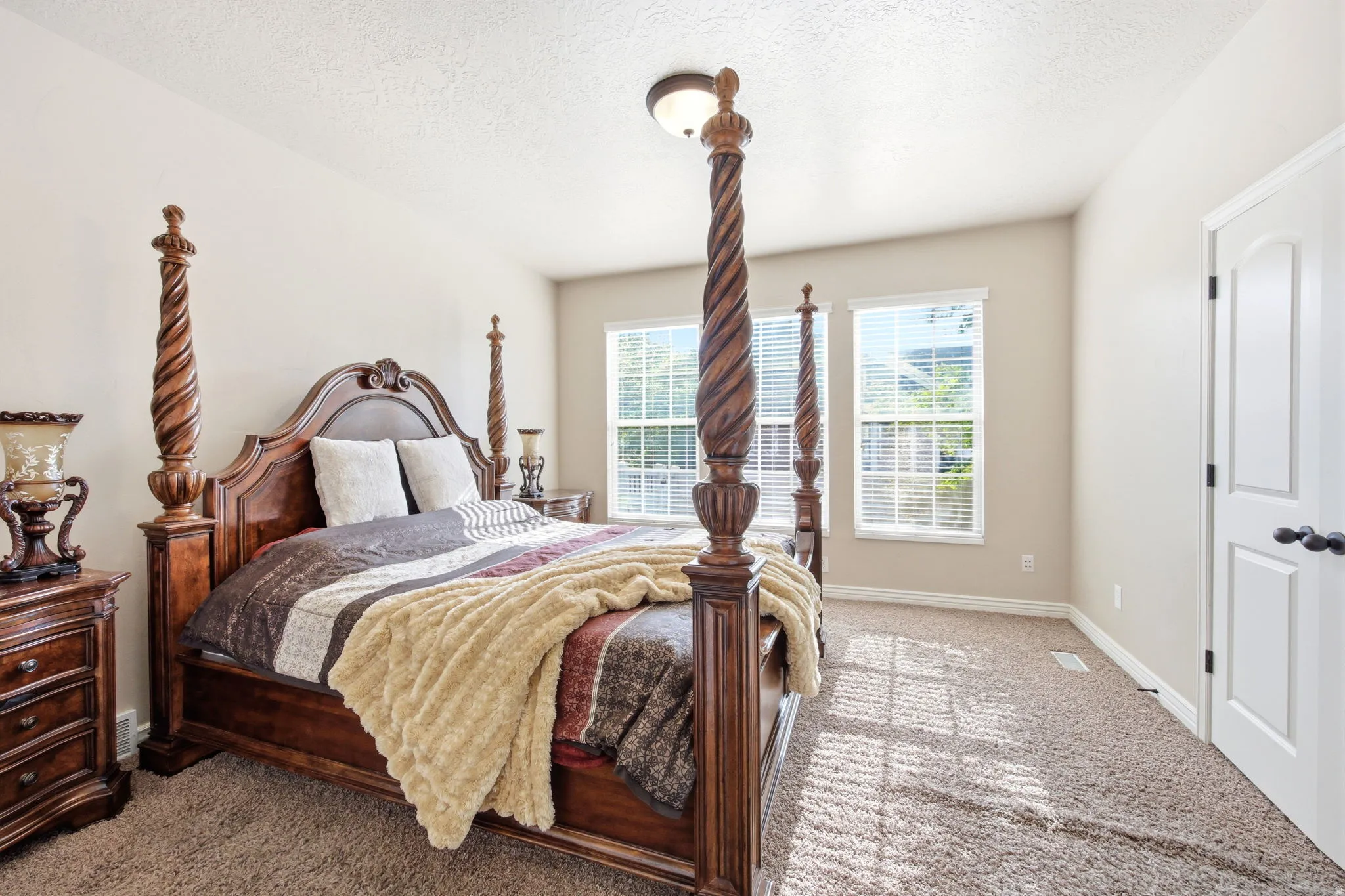 Carpeted bedroom featuring two windows with horizontal blinds, a white paneled door with dark hardware, and a ceiling-mounted light fixture