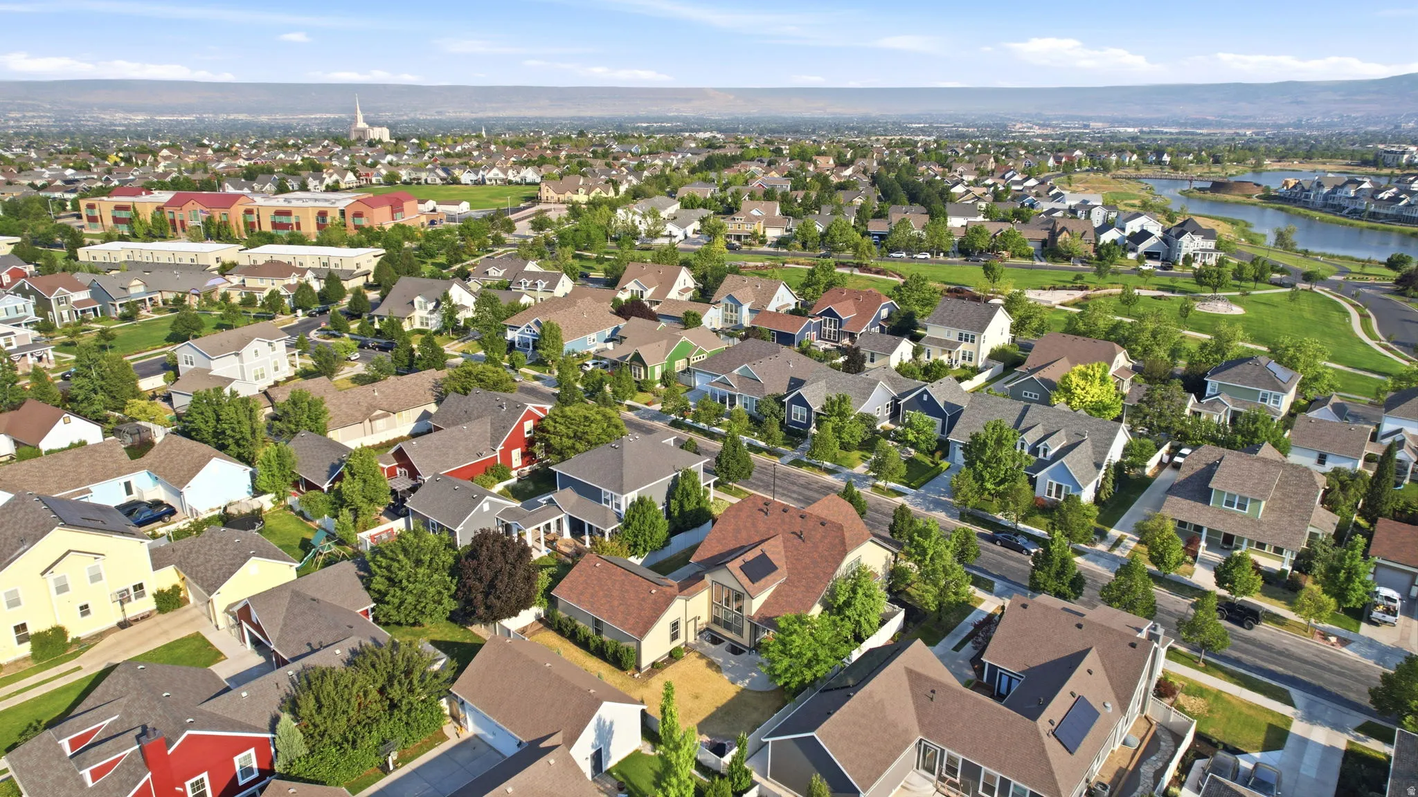 Expansive aerial capturing a residential community with varied architectural styles