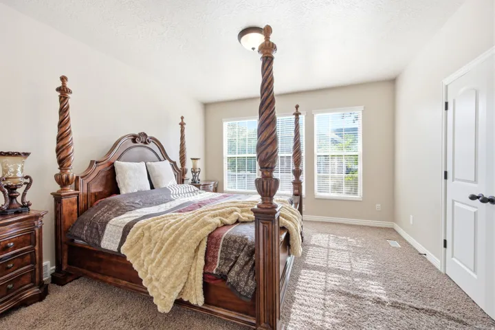 Carpeted bedroom featuring two windows with horizontal blinds, a white paneled door with dark hardware, and a ceiling-mounted light fixture