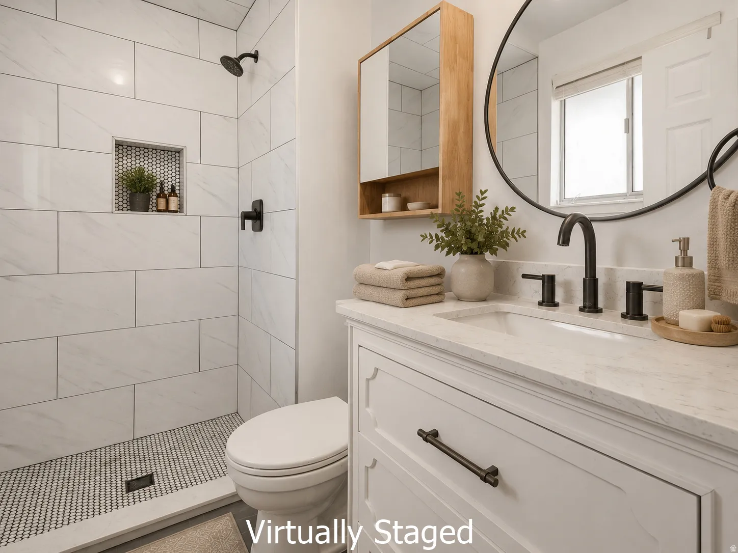 Bathroom vanity with a white countertop and integrated sink, matte black faucet, and a round wall mirror